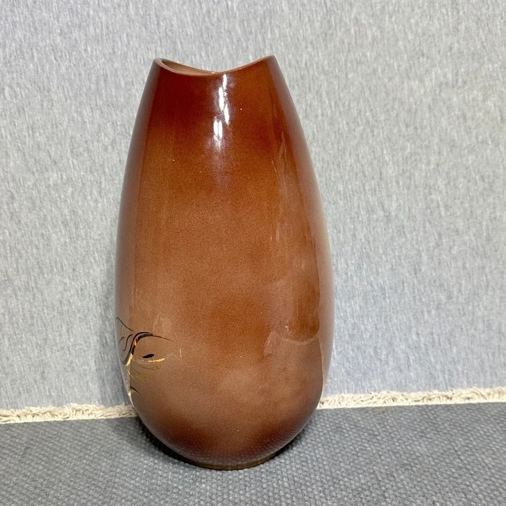 Vintage L. Scott Signed Ceramic Horse Vase Brown Green Gold Hand Painted 9.5